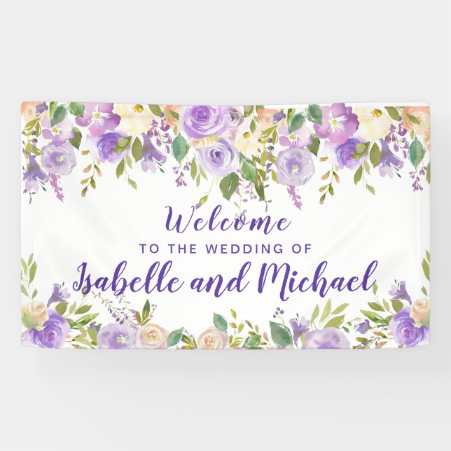 Hochzeit Begrüßung Lila und Elfenbeinflora Wasserf Banner (Horizontal)