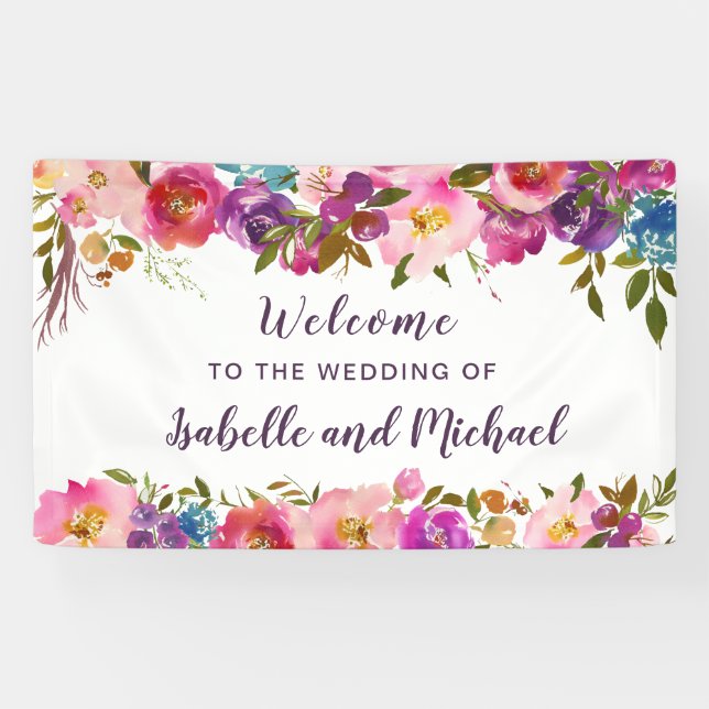 Hochzeit Begrüßung Lila und rosa Aquarellblume Banner (Horizontal)