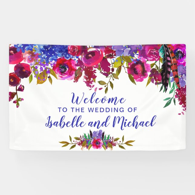 Hochzeit Begrüßung Lila und rote Aquarellblume Banner (Horizontal)