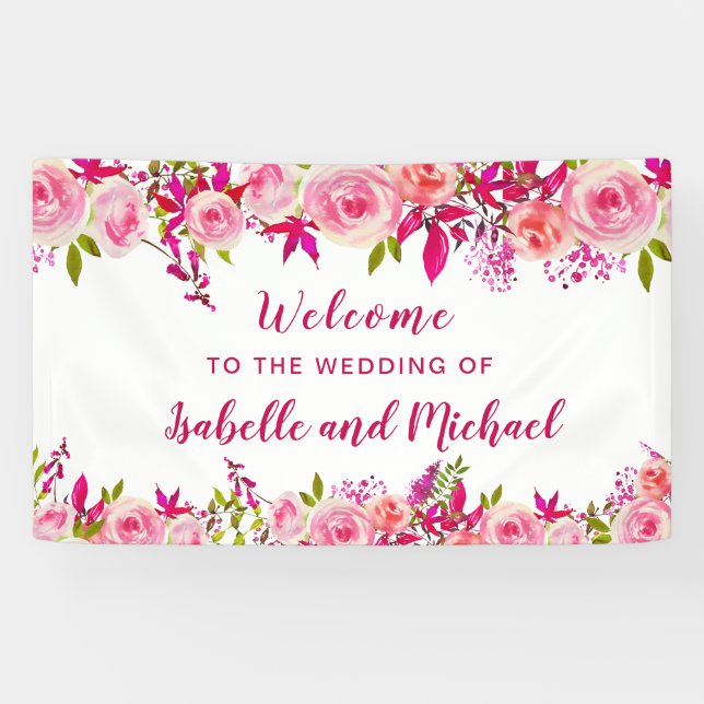 Hochzeit Begrüßung Rosa Rose Berry Wasserfarbe Blä Banner (Horizontal)