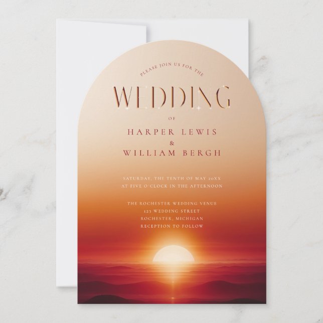 Hochzeit bei Rotem Sonnenuntergang Einladung (Vorderseite)