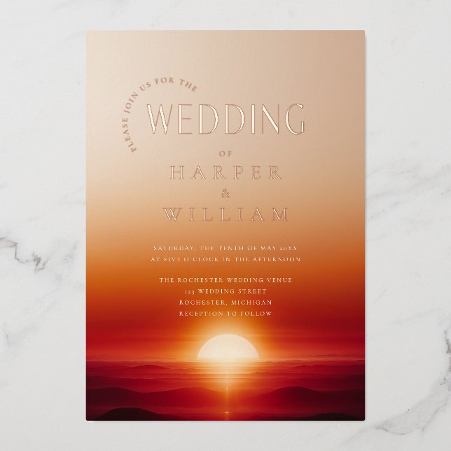 Hochzeit bei Sonnenuntergang Folieneinladung (Vorderseite)