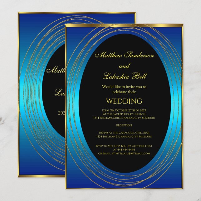 Hochzeit Blau Gold Schwarz Elegant Moderne Einladung (Vorne/Hinten)