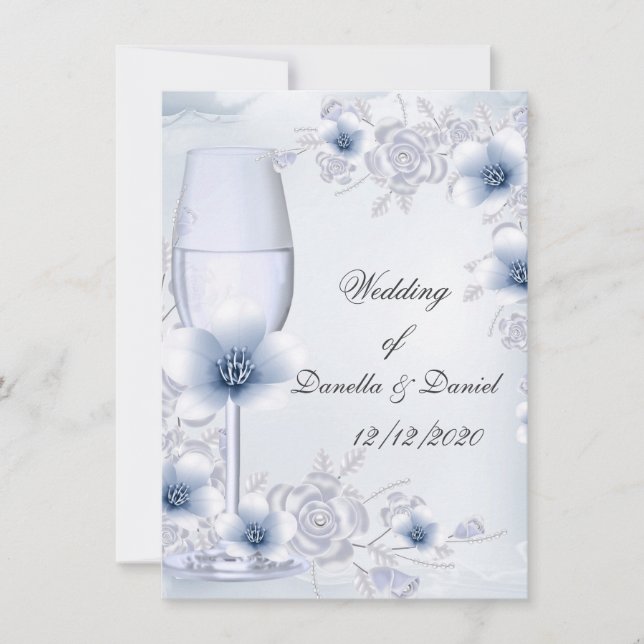 Hochzeit Blau-Silberne Rose blühen Einladung (Vorderseite)