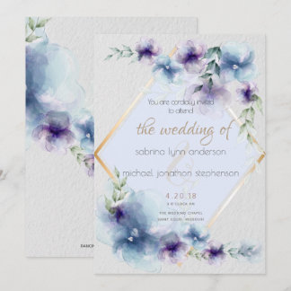 Hochzeit | Blau und violett Wasserfarben Einladung