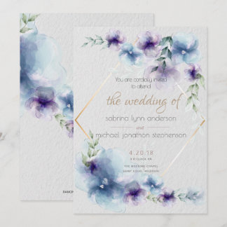 Hochzeit | Blau und violett Wasserfarben Floral 2 Einladung