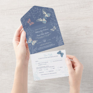 Hochzeit blaue Creme Schmetterlinge Strudel Essen All In One Einladung