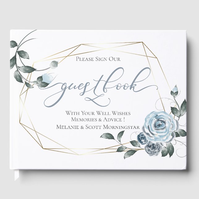 Hochzeit | Blauer, floraler Goldrahmen Gästebuch (Vorderseite)