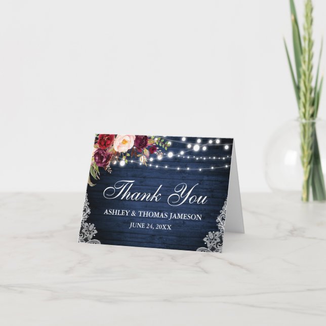Hochzeit blaues Holz Blumenleuchten Spitze Dank Hi Dankeskarte (Vorderseite)