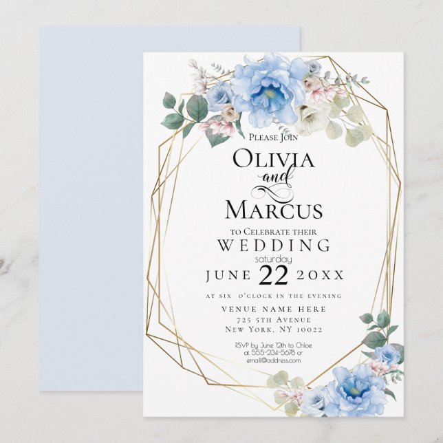 Hochzeit | Blue Peony Watercolor-Blume Einladung (Vorne/Hinten)