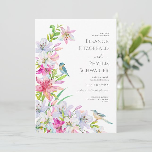 Hochzeit. Blume Lilien und Vögel Einladung (Stehend Vorderseite)