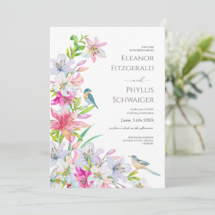 Hochzeit. Blume Lilien und Vögel Einladung