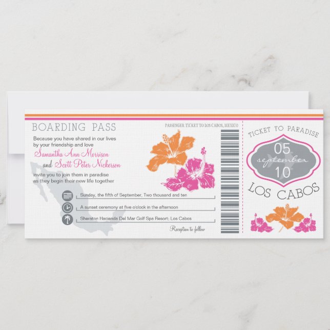 Hochzeit Boarding Pass nach Los Cabos Mexiko Einladung (Vorderseite)