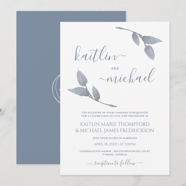 Hochzeit Boho Vines Einfache Blätter Dusty Blue Einladung (Vorne/Hinten)
