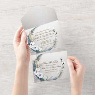 Hochzeit Boho Weiße Orchideen Blumen Blaue Mondpar All In One Einladung