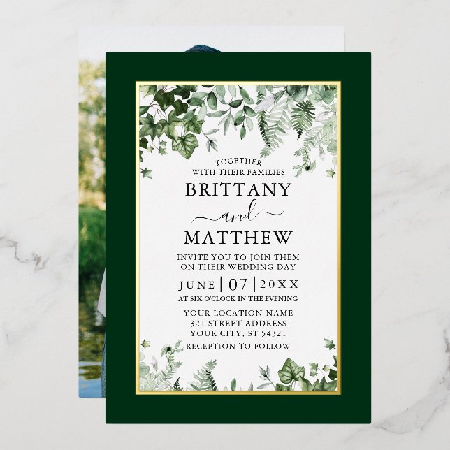 Hochzeit botanisch Ivy Sage Ferns Foto Gold Folieneinladung (Vorderseite/Rückseite)