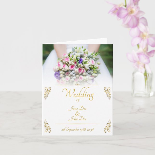Hochzeit - Braut mit bunten Hochzeitsbukett Karte (Orchidee)