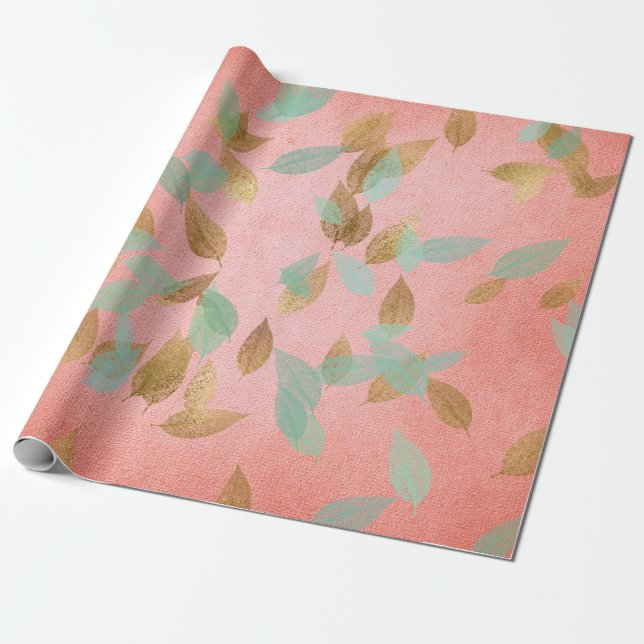 Hochzeit Bridal Coral Gold Fallende Blätter Minze Geschenkpapier (Ungerollt)