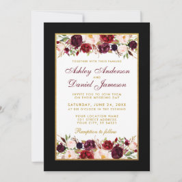 Hochzeit Burgund Blumen Eleganter Schwarzer Goldra Einladung