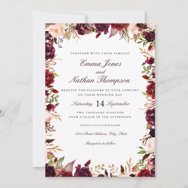 Hochzeit Burgund Blush Floral Wasserfarbe Einladung (Vorderseite)
