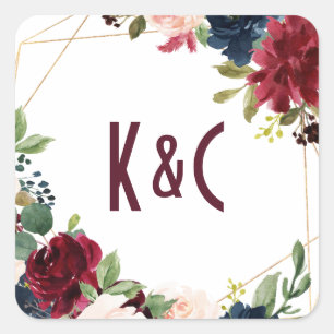 Hochzeit Burgund & Marine Blumen Geometrisch Quadratischer Aufkleber
