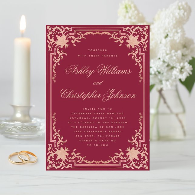 Hochzeit Burgund Rosa Rose Vintages Elegant Einladung (Von Creator hochgeladen)