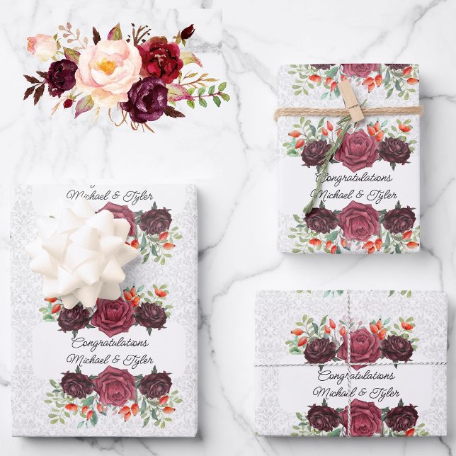 Hochzeit Burgund-Rose Personalisieren von Namen 3  Geschenkpapier Set (Von Creator hochgeladen)