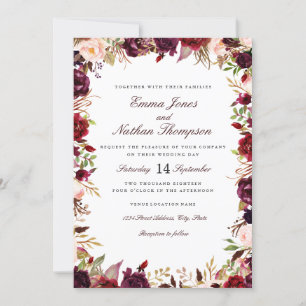 Hochzeit Burgunder-Rosa Floral Wasserfarbe Einladung