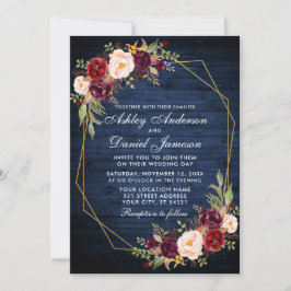 Hochzeit Burgundy Blau-Holz Geometrisches Foto Einladung