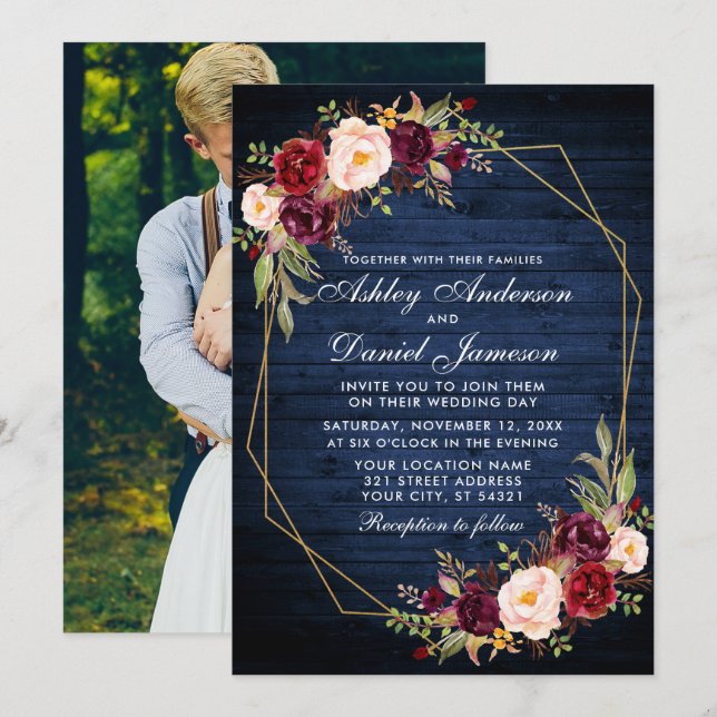 Hochzeit Burgundy Blau-Holz Geometrisches Foto Einladung (Vorne/Hinten)