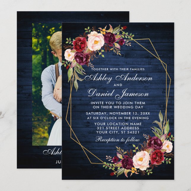 Hochzeit Burgundy Bloral Blue Wood Foto Geometric Einladung (Vorne/Hinten)