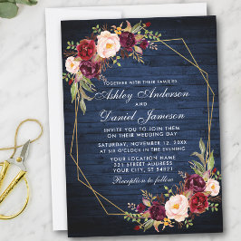 Hochzeit Burgundy Bloral Blue Wood Geometric Gold Einladung