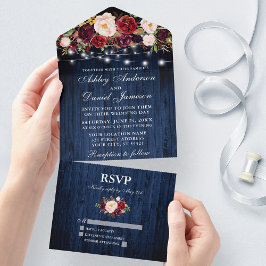 Hochzeit Burgundy Blues Wood Lights All In One Einladung