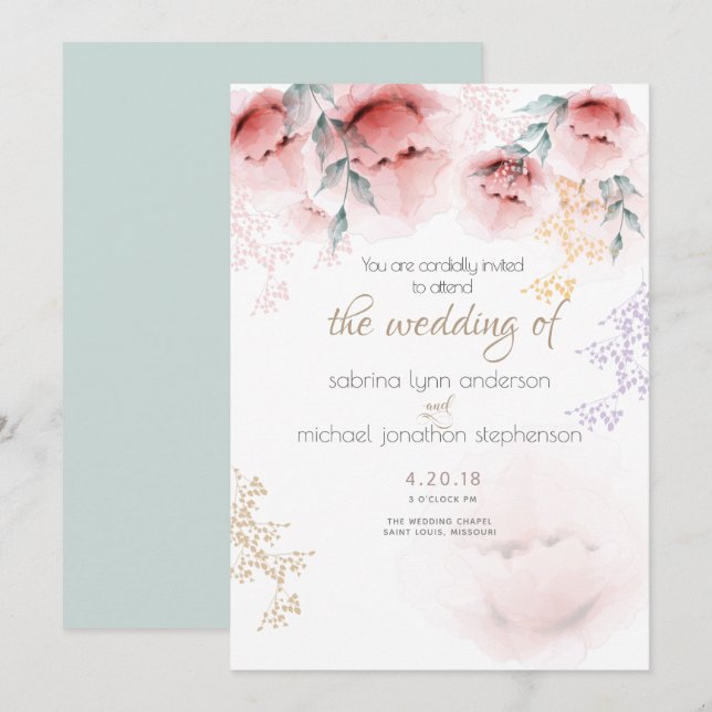Hochzeit |Chic Trendy Coral und Lilac Aquarelle Einladung (Vorne/Hinten)