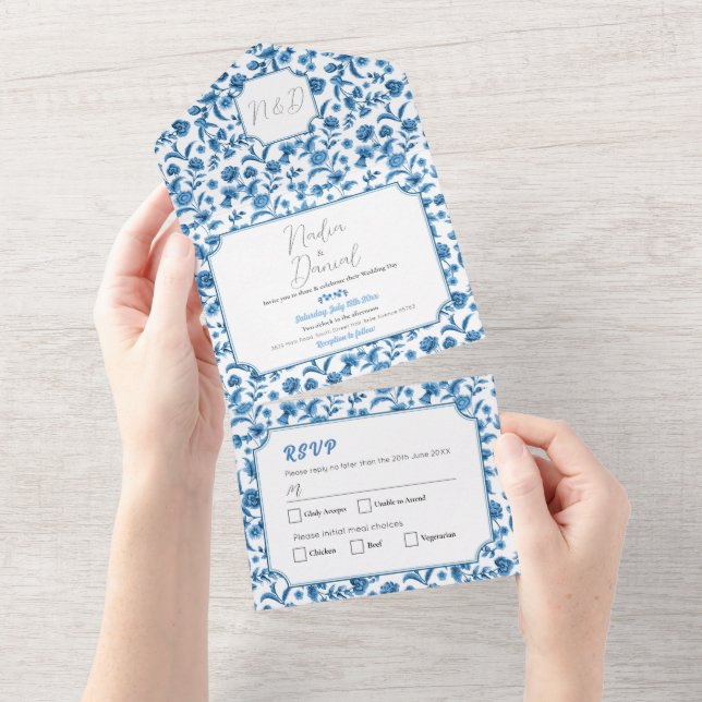 Hochzeit Chintz Blue & White Floral Einladung & UA (Abreißen)