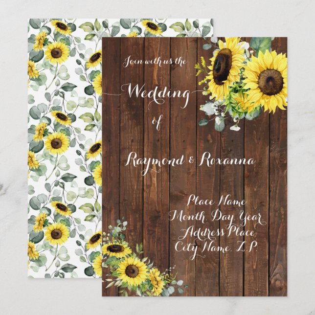 Hochzeit Country Greenery Sonnenblumen Einladung (Vorne/Hinten)