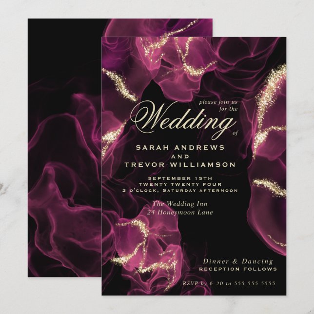 Hochzeit | Crimson Berry Alcohol Ink Einladung (Vorne/Hinten)