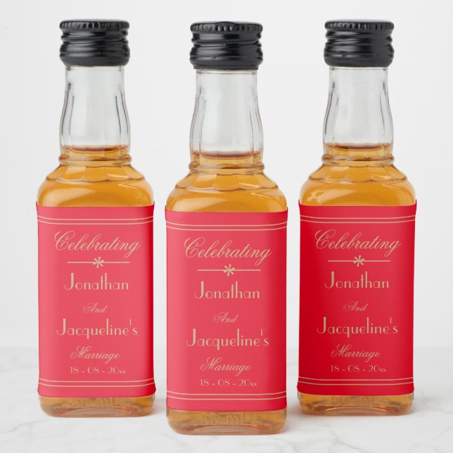 Hochzeit Custom Bride Groom Chic Red Gold Mini Alkoholflaschenetikett (Flaschen)