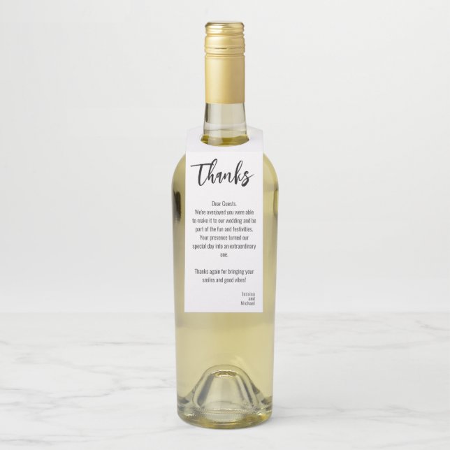 💍 Hochzeit Dank mit Foto Minimalistisch Elegant Flaschenanhänger (Auf Flasche)