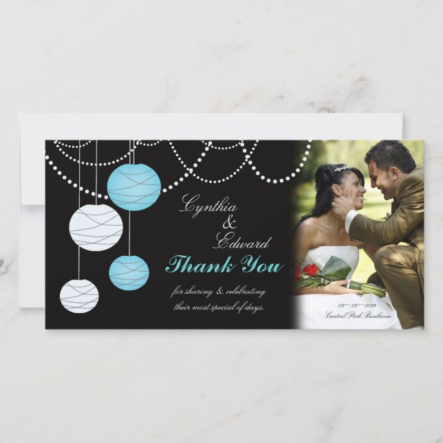 Hochzeit danke Aqua Blue Lanterns Foto Card (Vorderseite)