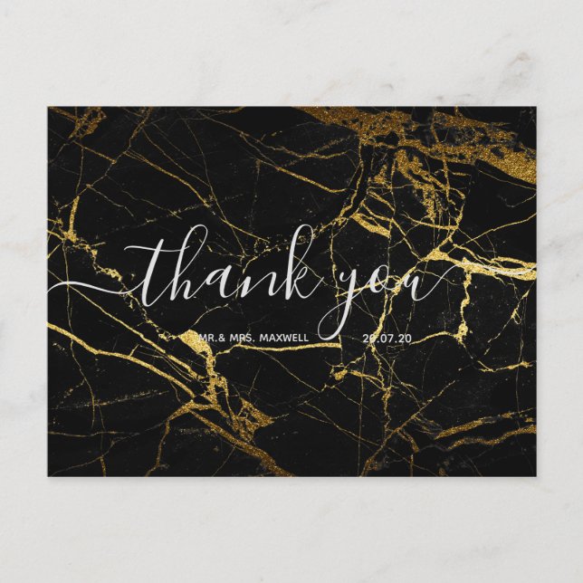 Hochzeit Danke | Black Gold Marmor Script Postkarte (Vorderseite)