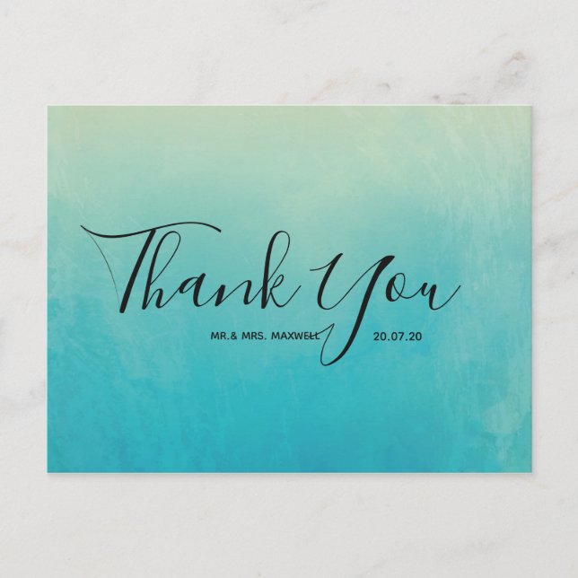 Hochzeit Danke Blue Watercolor Script Postcard Postkarte (Vorderseite)
