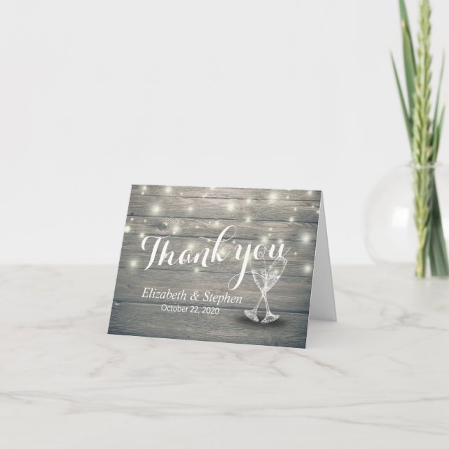 Hochzeit Danke Champagne Glasses Wood Lights (Vorderseite)