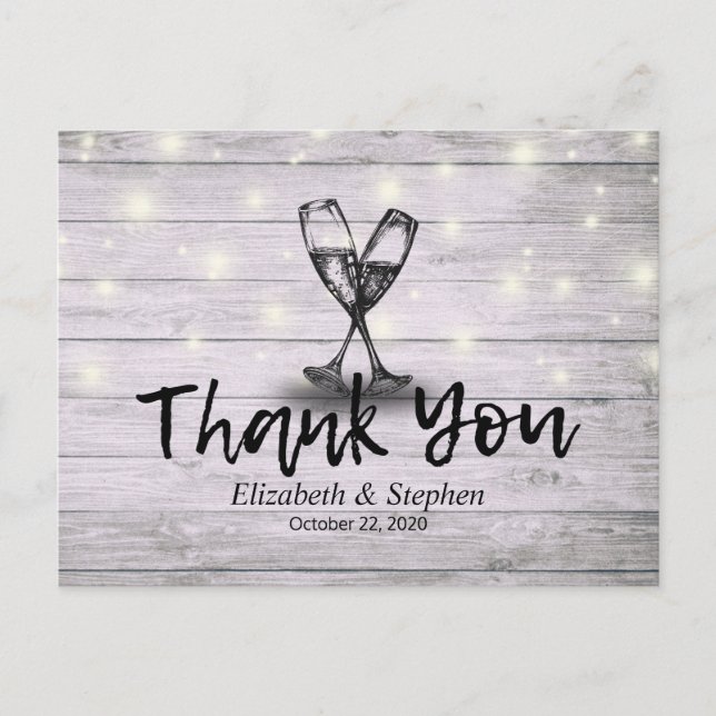 Hochzeit Danke Champagne Glasses Wood Lights Postkarte (Vorderseite)