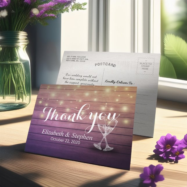 Hochzeit Danke Champagne Glasses Wood Lights Postkarte (Von Creator hochgeladen)