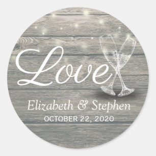 Hochzeit Danke Champagne Glasses Wood Lights Runder Aufkleber