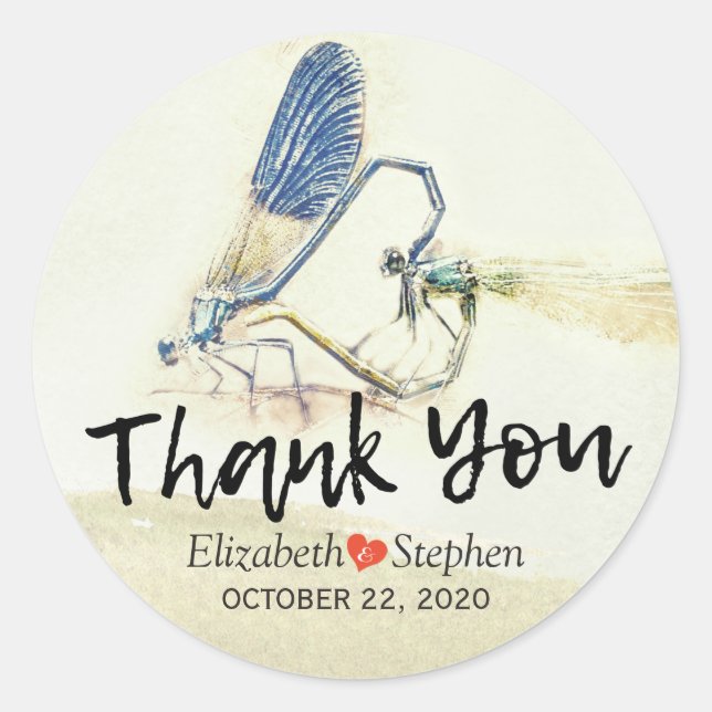 Hochzeit Danke Chic Dragonfly Paating Liebe Herz Runder Aufkleber (Vorderseite)