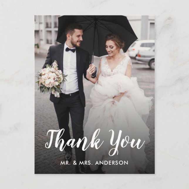 Hochzeit Danke Custom Foto White Script Postkarte (Vorderseite)