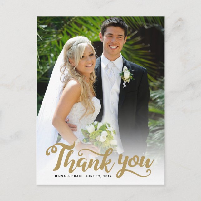 Hochzeit Danke | Goldene Schrift über Foto Postkarte (Vorderseite)