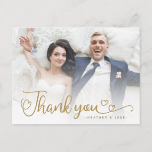 Hochzeit Danke   Goldene Schrift über Foto Postkarte